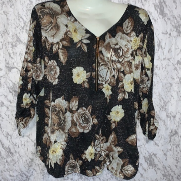 Rebecca Malone Sweaters - REBECCA MALONE ZIP FRONT V NECK SWEATER BLACK AND BRONZE SIZE XL